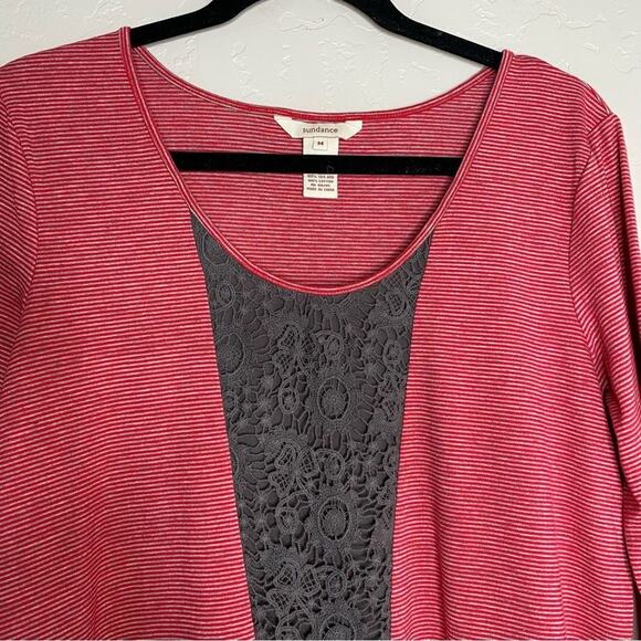 Sundance Red Striped Gray Crochet Detail 3/4 Sleeve Scoop Neck Top Medium - Picture 3 of 11